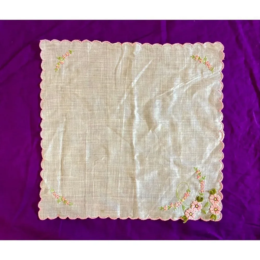 Vintage 50s 60s MCM White & Pink Flowers Floral Handkerchiefs